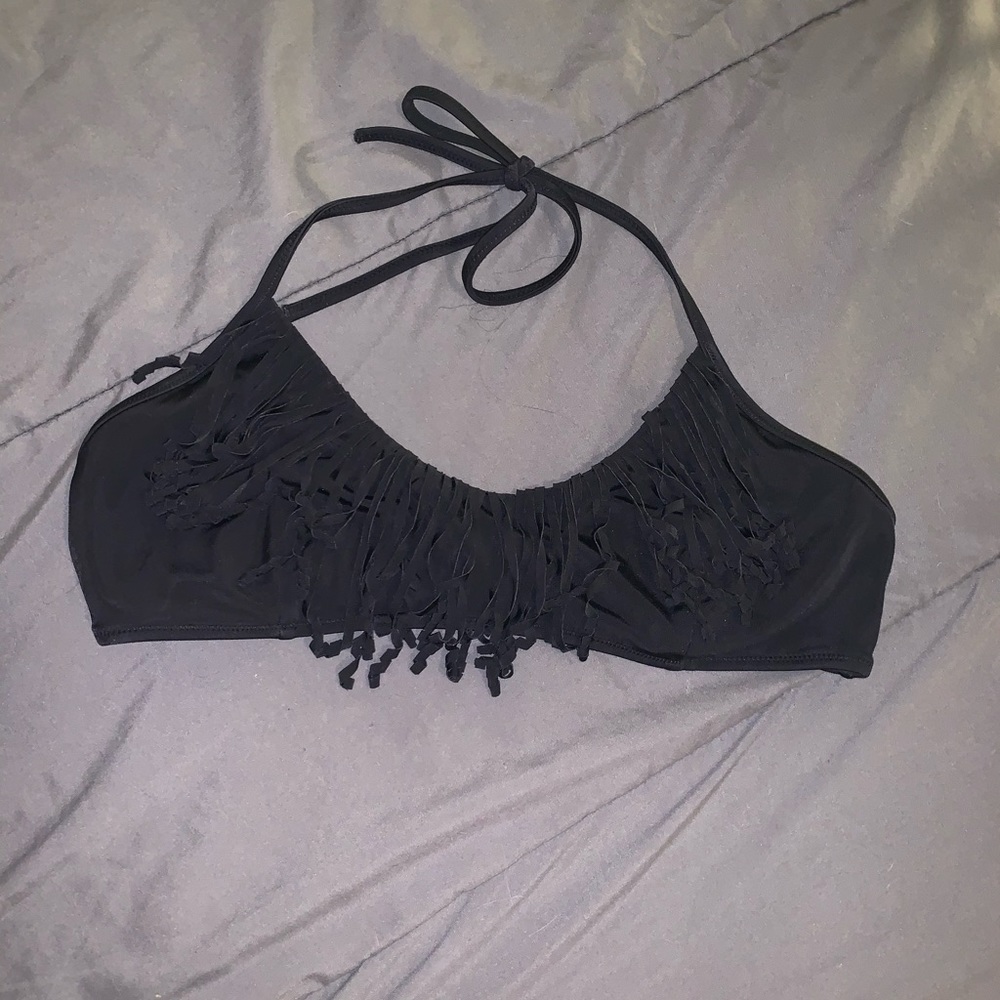 Black swimsuit bikini top with black curly ruffles